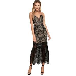Lulu's Midi Dress Size L Under The Stars Embroidered Nude Lining Floral Lace